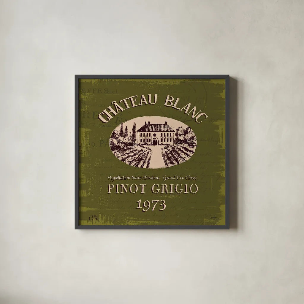 Wine Tasting IV by Janelle Penner. Shown in a sleek black glass frame for a contemporary gallery look. Available as an archival giclee rolled canvas, fine art paper, or poster print. SKU 45345a.