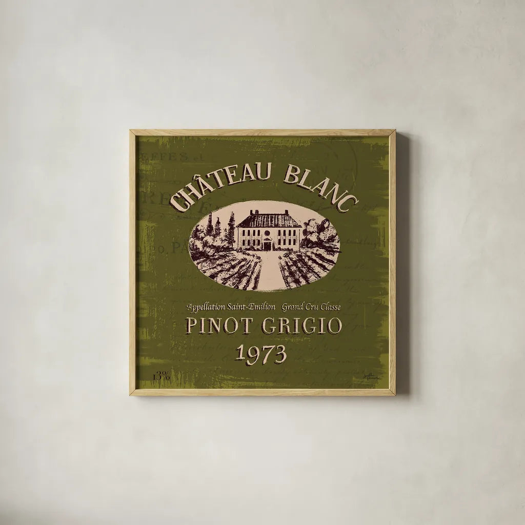 Wine Tasting IV by Janelle Penner. Shown in a natural wood glass frame for a timeless modern aesthetic. Available as an archival giclee rolled canvas, fine art paper, or poster print. SKU 45345a.