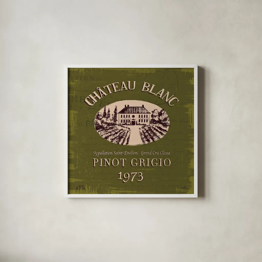 Wine Tasting IV by Janelle Penner. Shown in a crisp white glass frame for a clean and minimalist style. Available as an archival giclee rolled canvas, fine art paper, or poster print. SKU 45345a.