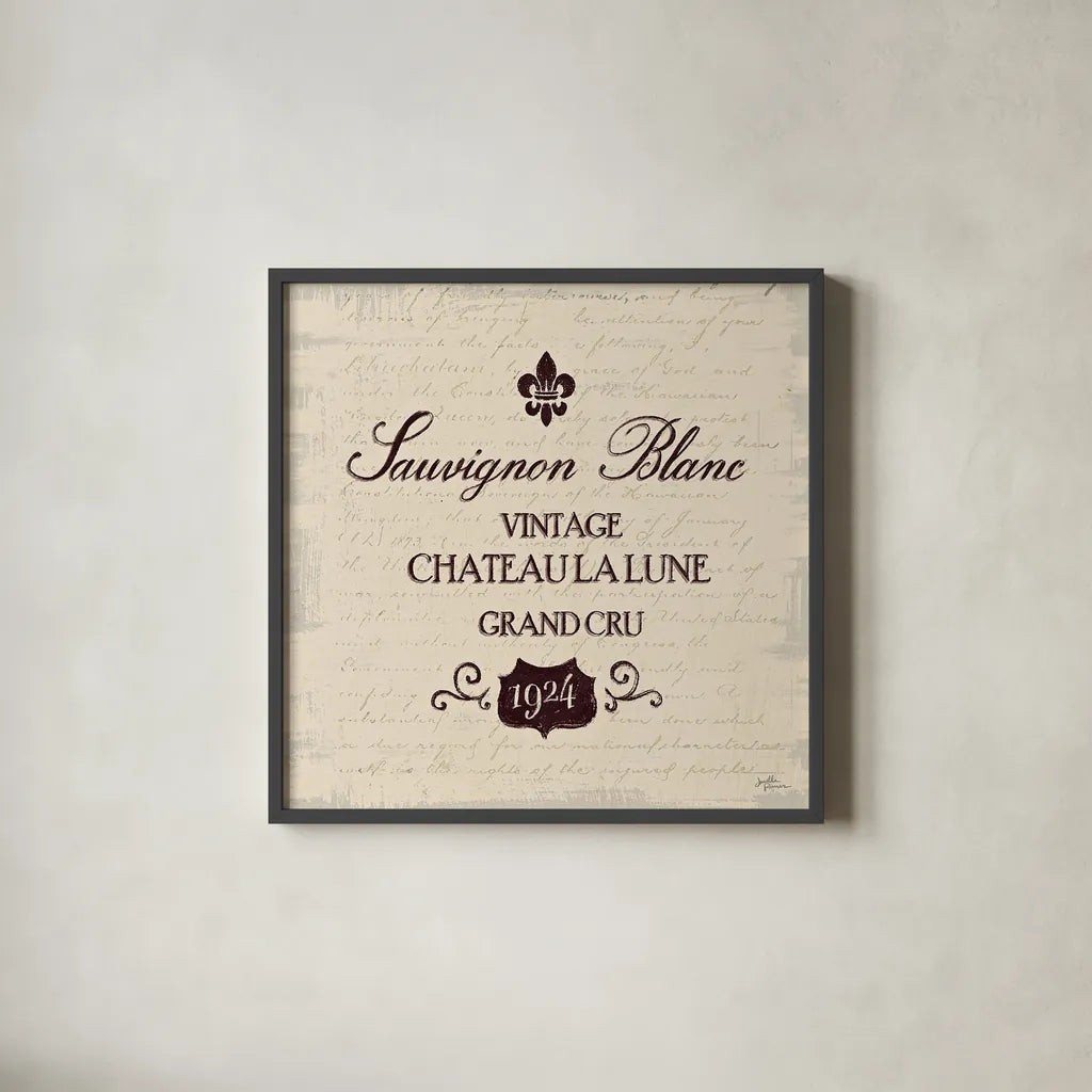 Wine Tasting VI by Janelle Penner. Shown in a sleek black glass frame for a contemporary gallery look. Available as an archival giclee rolled canvas, fine art paper, or poster print. SKU 45347a.