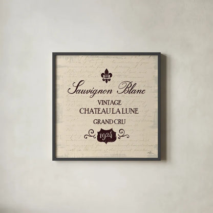 Wine Tasting VI by Janelle Penner. Shown in a sleek black glass frame for a contemporary gallery look. Available as an archival giclee rolled canvas, fine art paper, or poster print. SKU 45347a.