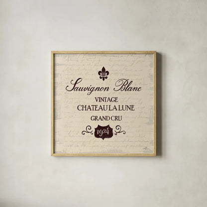 Wine Tasting VI by Janelle Penner. Shown in a natural wood glass frame for a timeless modern aesthetic. Available as an archival giclee rolled canvas, fine art paper, or poster print. SKU 45347a.