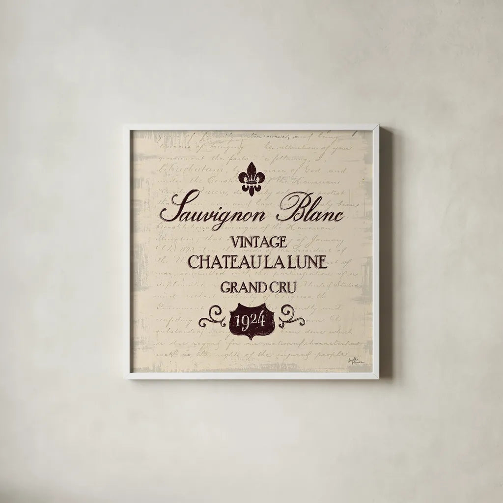 Wine Tasting VI by Janelle Penner. Shown in a crisp white glass frame for a clean and minimalist style. Available as an archival giclee rolled canvas, fine art paper, or poster print. SKU 45347a.