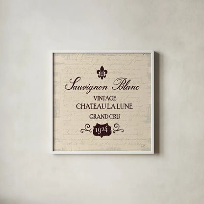 Wine Tasting VI by Janelle Penner. Shown in a crisp white glass frame for a clean and minimalist style. Available as an archival giclee rolled canvas, fine art paper, or poster print. SKU 45347a.