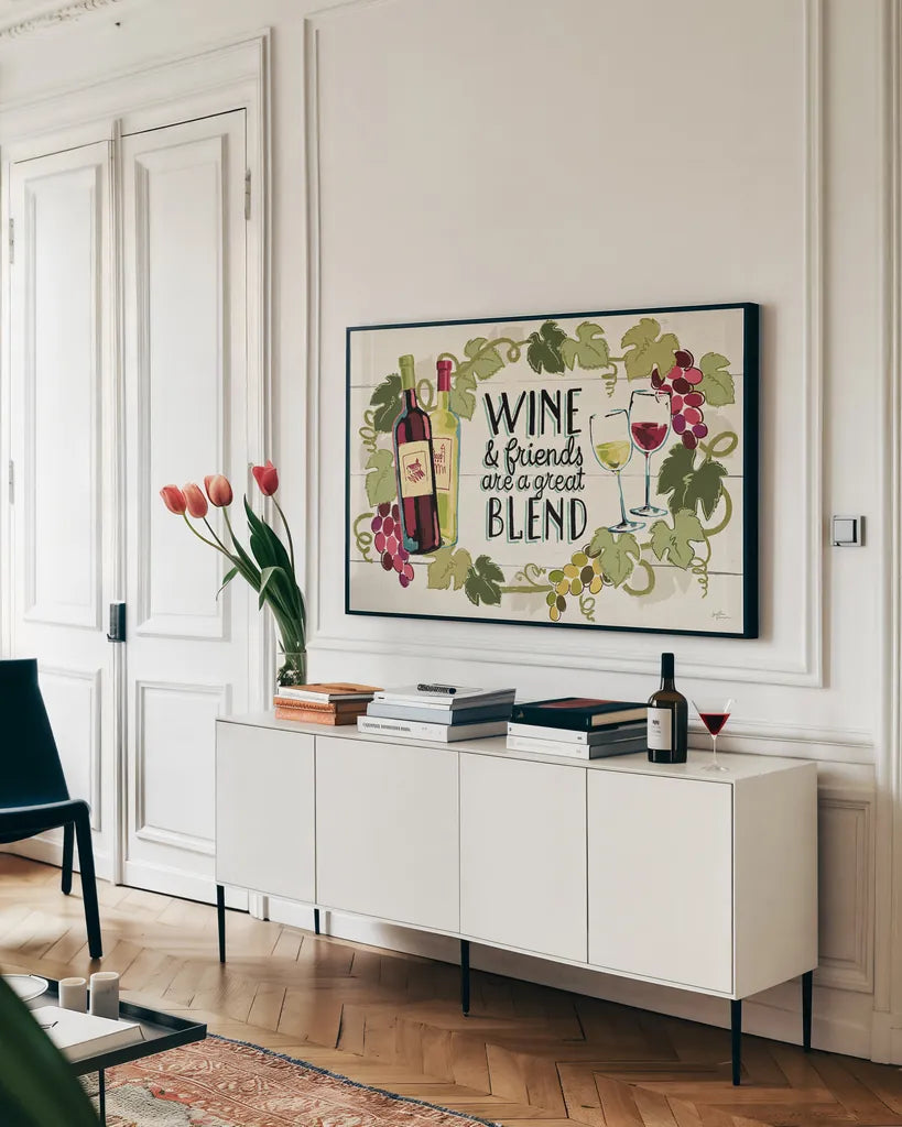 Wine and Friends I by Janelle Penner. shown as a framed stretched canvas in a living room above a console. Available as a archival giclee rolled canvas, fine art paper, or poster print. SKU 33283i.