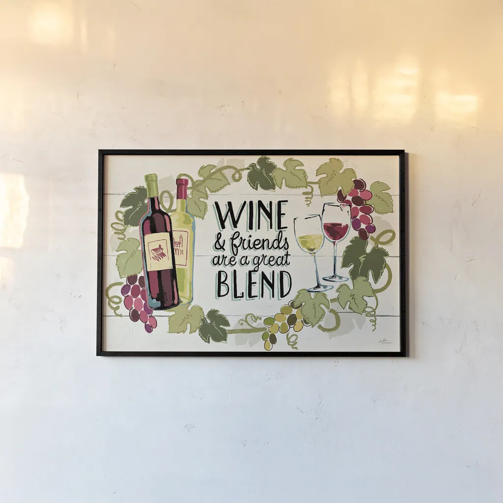 Wine and Friends I by Janelle Penner. shown as a paper print in a black flame. Available as a archival giclee rolled canvas, fine art paper, or poster print. SKU 33283i.