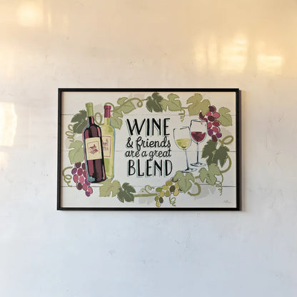 Wine and Friends I by Janelle Penner. shown as a paper print in a black flame. Available as a archival giclee rolled canvas, fine art paper, or poster print. SKU 33283i.