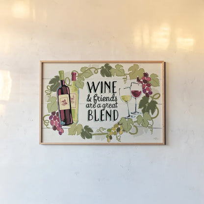 Wine and Friends I by Janelle Penner. shown as a paper print in a natural frame. Available as a archival giclee rolled canvas, fine art paper, or poster print. SKU 33283i.