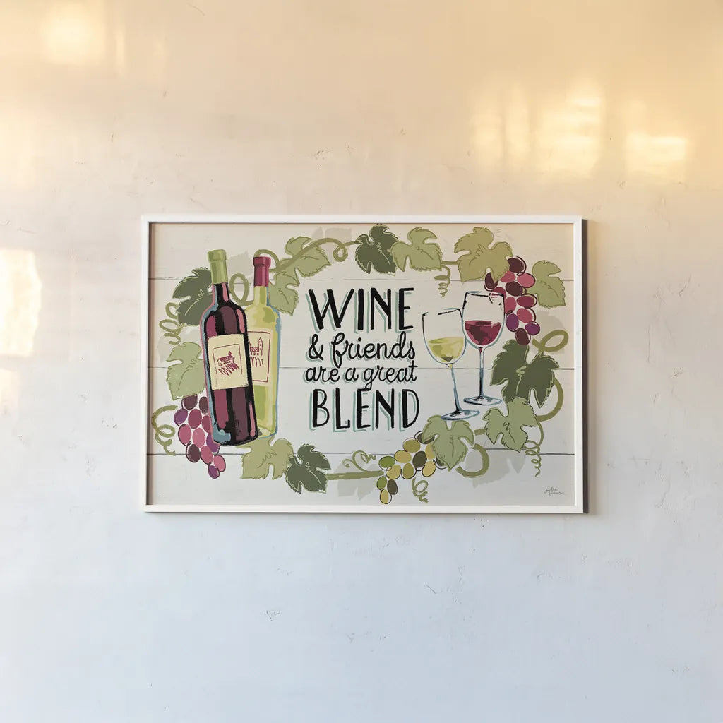 Wine and Friends I by Janelle Penner. shown as a paper print in a white frame. Available as a archival giclee rolled canvas, fine art paper, or poster print. SKU 33283i.