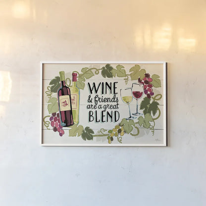 Wine and Friends I by Janelle Penner. shown as a paper print in a white frame. Available as a archival giclee rolled canvas, fine art paper, or poster print. SKU 33283i.