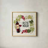 Wine and Friends II by Janelle Penner. Shown in a natural wood glass frame for a timeless modern aesthetic. Available as an archival giclee rolled canvas, fine art paper, or poster print. SKU 33284a.