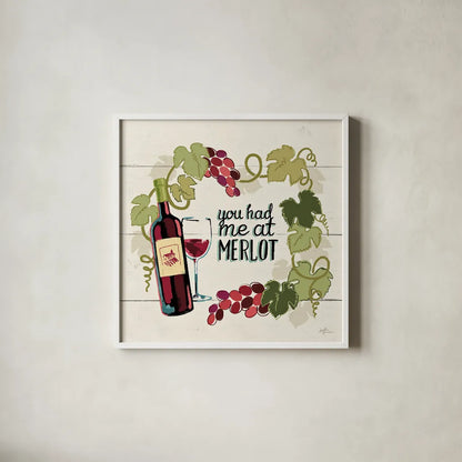 Wine and Friends II by Janelle Penner. Shown in a crisp white glass frame for a clean and minimalist style. Available as an archival giclee rolled canvas, fine art paper, or poster print. SKU 33284a.