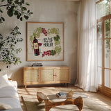 Wine and Friends II by Janelle Penner. Shown in a natural wood frame in a cozy modern living room. Available as an archival giclee rolled canvas, fine art paper, or poster print. SKU 33284a.
