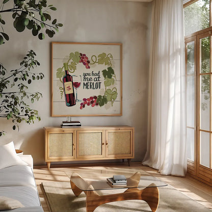 Wine and Friends II by Janelle Penner. Shown in a natural wood frame in a cozy modern living room. Available as an archival giclee rolled canvas, fine art paper, or poster print. SKU 33284a.