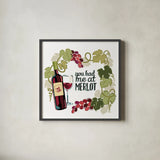Wine and Friends II on White by Janelle Penner. Shown in a sleek black glass frame for a contemporary gallery look. Available as an archival giclee rolled canvas, fine art paper, or poster print. SKU 34536a.
