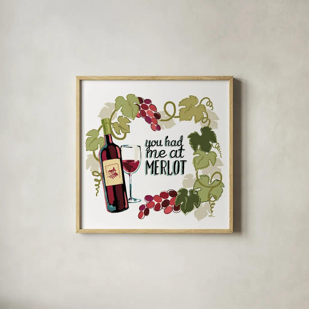Wine and Friends II on White by Janelle Penner. Shown in a natural wood glass frame for a timeless modern aesthetic. Available as an archival giclee rolled canvas, fine art paper, or poster print. SKU 34536a.