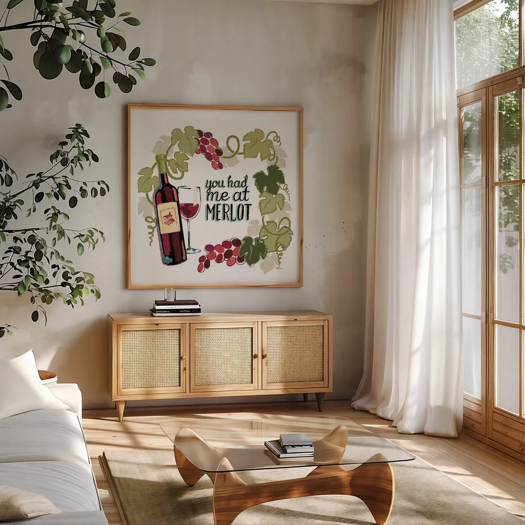 Wine and Friends II on White by Janelle Penner. Shown in a natural wood frame in a cozy modern living room. Available as an archival giclee rolled canvas, fine art paper, or poster print. SKU 34536a.