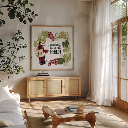 Wine and Friends II on White by Janelle Penner. Shown in a natural wood frame in a cozy modern living room. Available as an archival giclee rolled canvas, fine art paper, or poster print. SKU 34536a.