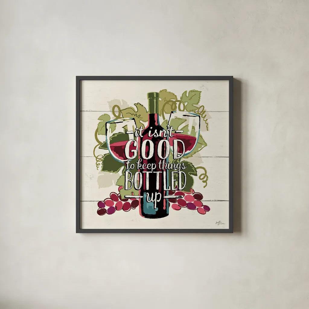 Wine and Friends III by Janelle Penner. Shown in a sleek black glass frame for a contemporary gallery look. Available as an archival giclee rolled canvas, fine art paper, or poster print. SKU 33285a.