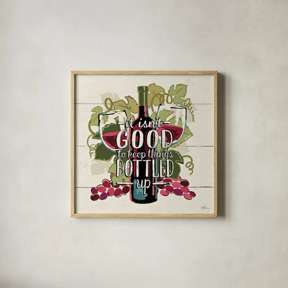 Wine and Friends III by Janelle Penner. Shown in a natural wood glass frame for a timeless modern aesthetic. Available as an archival giclee rolled canvas, fine art paper, or poster print. SKU 33285a.