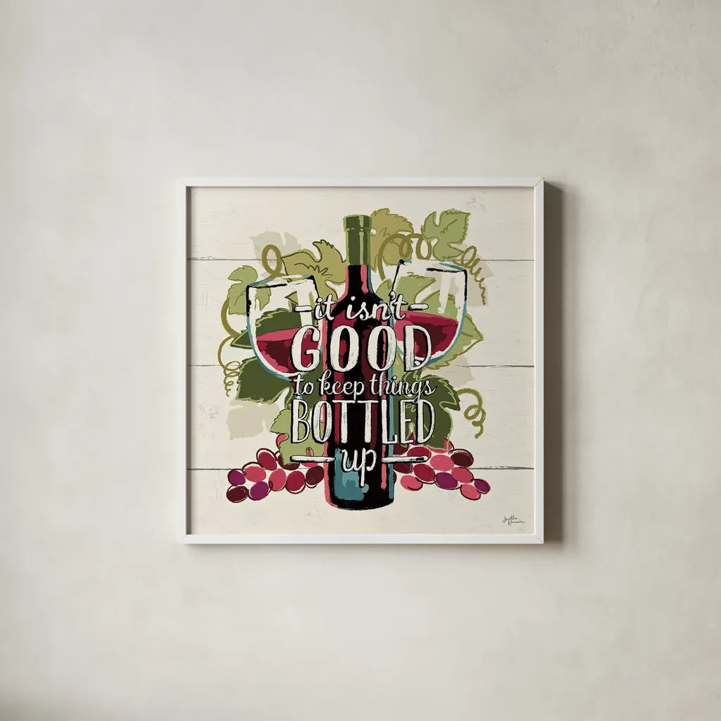 Wine and Friends III by Janelle Penner. Shown in a crisp white glass frame for a clean and minimalist style. Available as an archival giclee rolled canvas, fine art paper, or poster print. SKU 33285a.