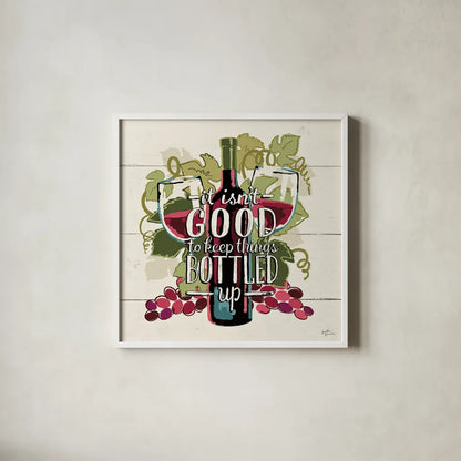 Wine and Friends III by Janelle Penner. Shown in a crisp white glass frame for a clean and minimalist style. Available as an archival giclee rolled canvas, fine art paper, or poster print. SKU 33285a.