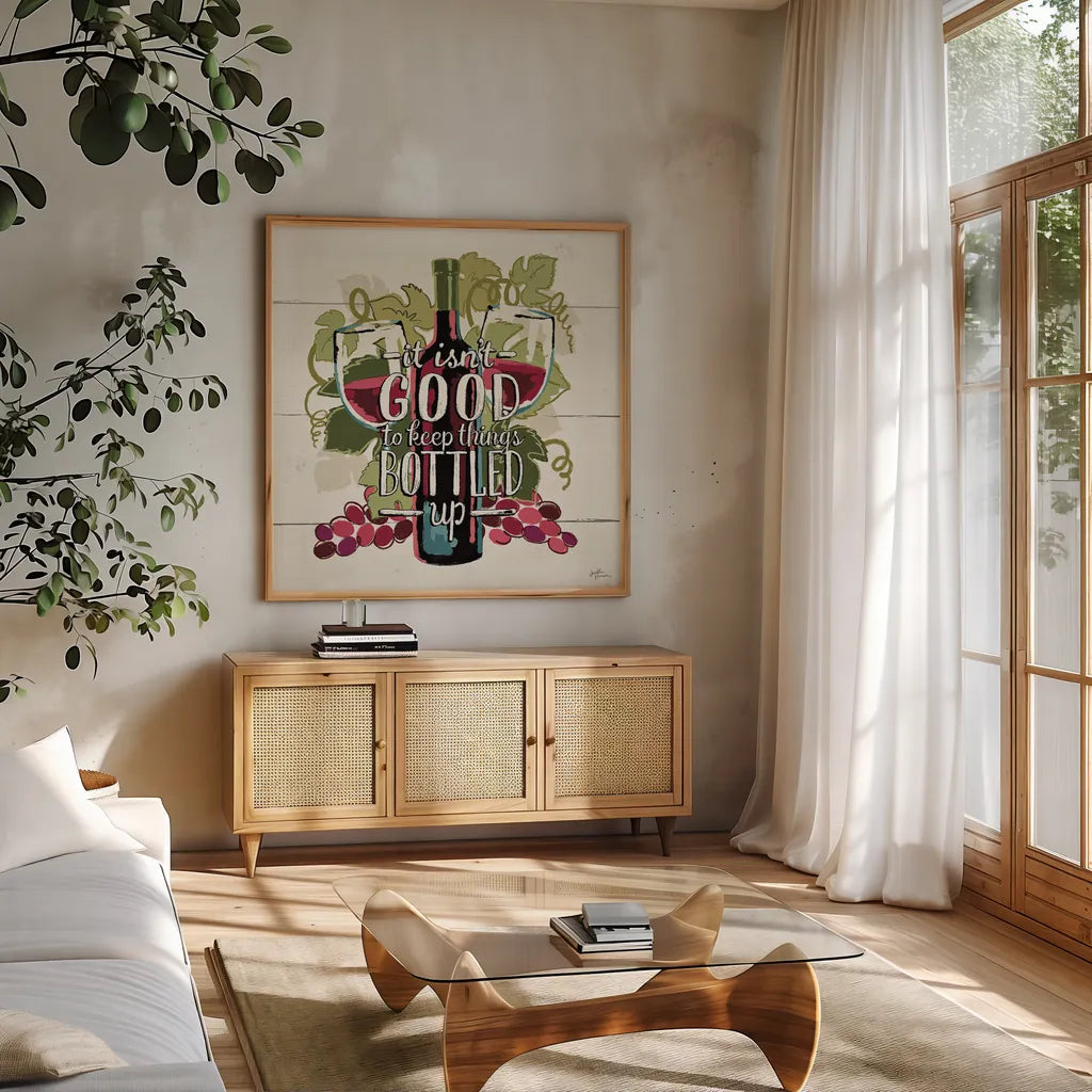 Wine and Friends III by Janelle Penner. Shown in a natural wood frame in a cozy modern living room. Available as an archival giclee rolled canvas, fine art paper, or poster print. SKU 33285a.