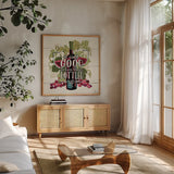 Wine and Friends III by Janelle Penner. Shown in a natural wood frame in a cozy modern living room. Available as an archival giclee rolled canvas, fine art paper, or poster print. SKU 33285a.