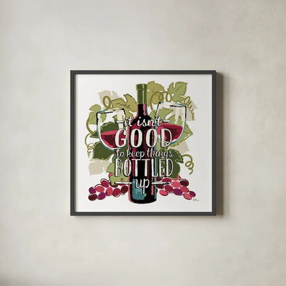 Wine and Friends III on White by Janelle Penner. Shown in a sleek black glass frame for a contemporary gallery look. Available as an archival giclee rolled canvas, fine art paper, or poster print. SKU 34537a.