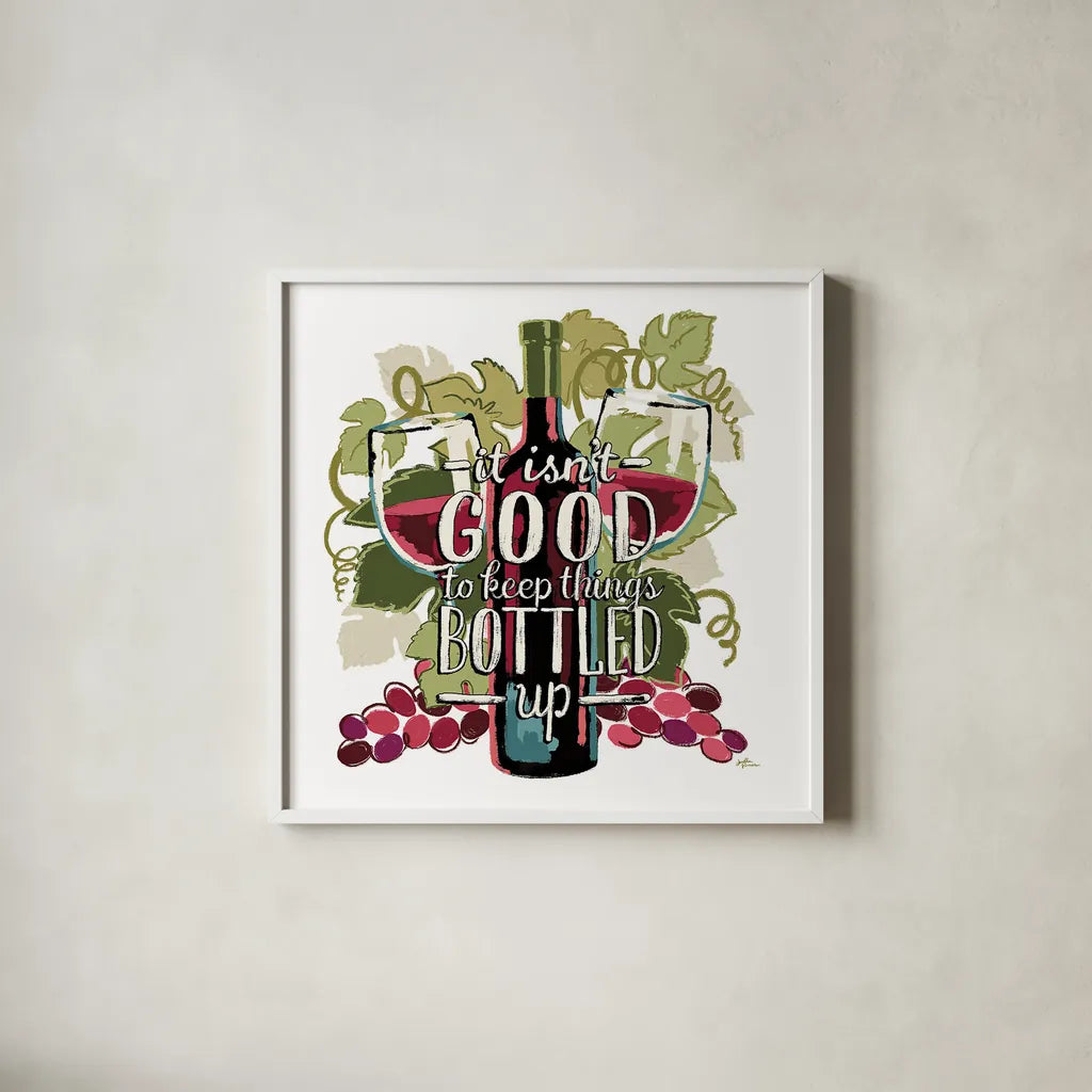 Wine and Friends III on White by Janelle Penner. Shown in a crisp white glass frame for a clean and minimalist style. Available as an archival giclee rolled canvas, fine art paper, or poster print. SKU 34537a.