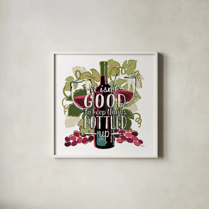 Wine and Friends III on White by Janelle Penner. Shown in a crisp white glass frame for a clean and minimalist style. Available as an archival giclee rolled canvas, fine art paper, or poster print. SKU 34537a.