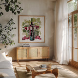 Wine and Friends III on White by Janelle Penner. Shown in a natural wood frame in a cozy modern living room. Available as an archival giclee rolled canvas, fine art paper, or poster print. SKU 34537a.