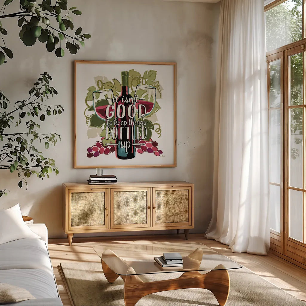 Wine and Friends III on White by Janelle Penner. Shown in a natural wood frame in a cozy modern living room. Available as an archival giclee rolled canvas, fine art paper, or poster print. SKU 34537a.