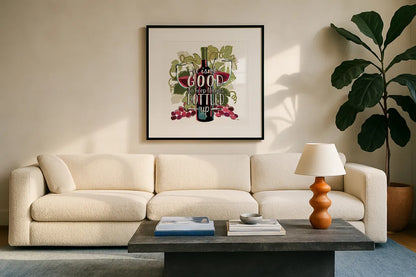 Wine and Friends III on White by Janelle Penner. Displayed in a glass frame with matte in a clean modern living room. Available as an archival giclee rolled canvas, fine art paper, or poster print. SKU 34537a.