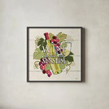 Wine and Friends IV by Janelle Penner. Shown in a sleek black glass frame for a contemporary gallery look. Available as an archival giclee rolled canvas, fine art paper, or poster print. SKU 33286a.