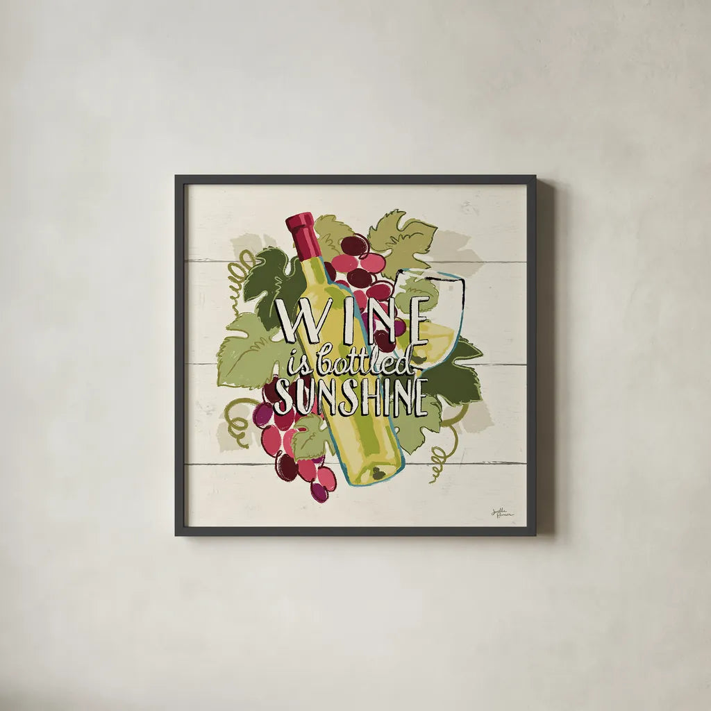 Wine and Friends IV by Janelle Penner. Shown in a sleek black glass frame for a contemporary gallery look. Available as an archival giclee rolled canvas, fine art paper, or poster print. SKU 33286a.