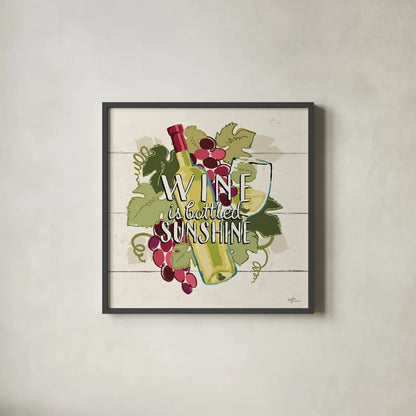 Wine and Friends IV by Janelle Penner. Shown in a sleek black glass frame for a contemporary gallery look. Available as an archival giclee rolled canvas, fine art paper, or poster print. SKU 33286a.