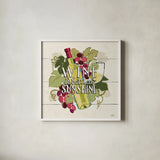 Wine and Friends IV by Janelle Penner. Shown in a crisp white glass frame for a clean and minimalist style. Available as an archival giclee rolled canvas, fine art paper, or poster print. SKU 33286a.