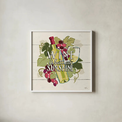 Wine and Friends IV by Janelle Penner. Shown in a crisp white glass frame for a clean and minimalist style. Available as an archival giclee rolled canvas, fine art paper, or poster print. SKU 33286a.
