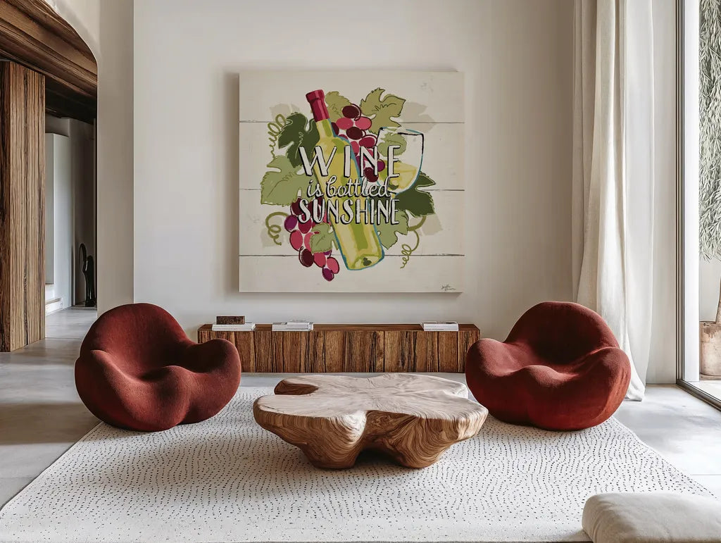 Wine and Friends IV by Janelle Penner. Shown as extra-large giant wall art in a modern living room. Available as an archival giclee rolled canvas, fine art paper, or poster print. SKU 33286a.