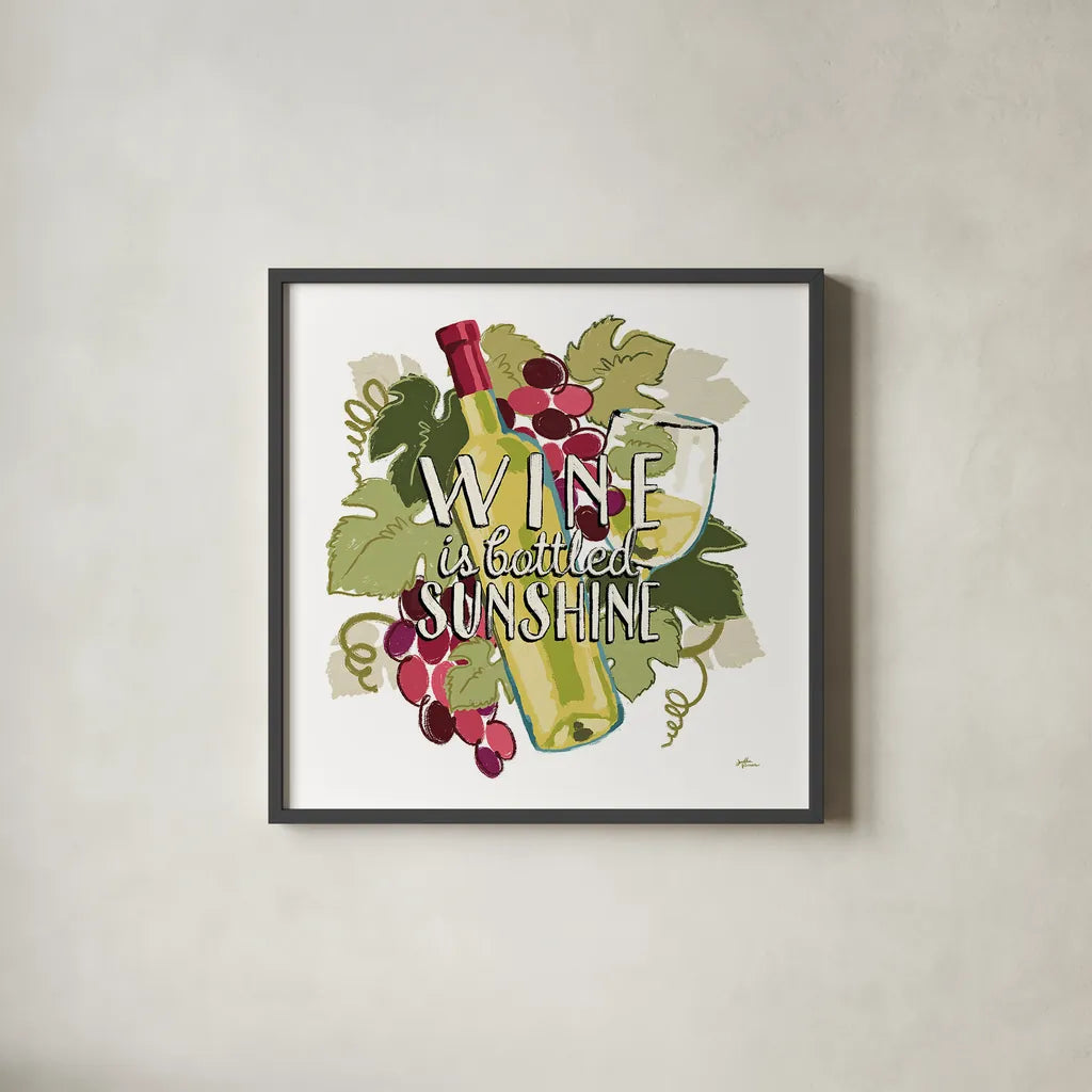 Wine and Friends IV on White by Janelle Penner. Shown in a sleek black glass frame for a contemporary gallery look. Available as an archival giclee rolled canvas, fine art paper, or poster print. SKU 34538a.