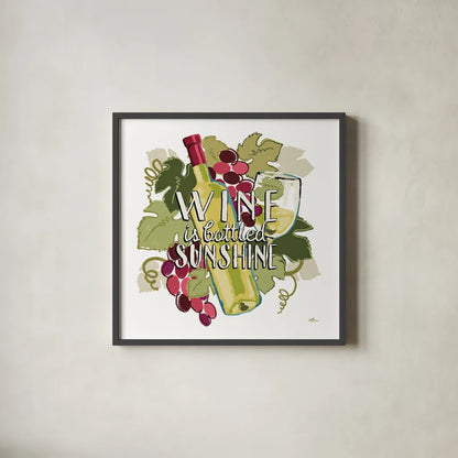 Wine and Friends IV on White by Janelle Penner. Shown in a sleek black glass frame for a contemporary gallery look. Available as an archival giclee rolled canvas, fine art paper, or poster print. SKU 34538a.