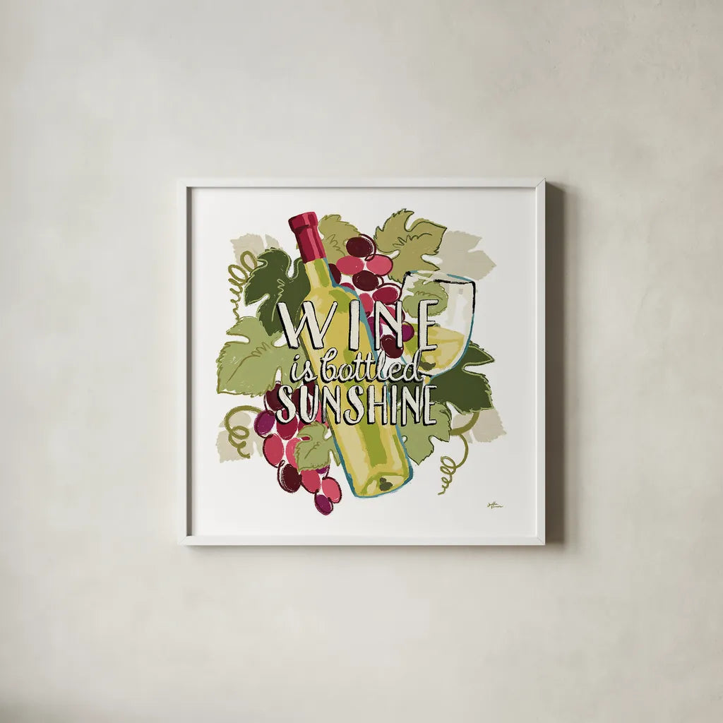 Wine and Friends IV on White by Janelle Penner. Shown in a crisp white glass frame for a clean and minimalist style. Available as an archival giclee rolled canvas, fine art paper, or poster print. SKU 34538a.