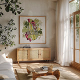 Wine and Friends IV on White by Janelle Penner. Shown in a natural wood frame in a cozy modern living room. Available as an archival giclee rolled canvas, fine art paper, or poster print. SKU 34538a.