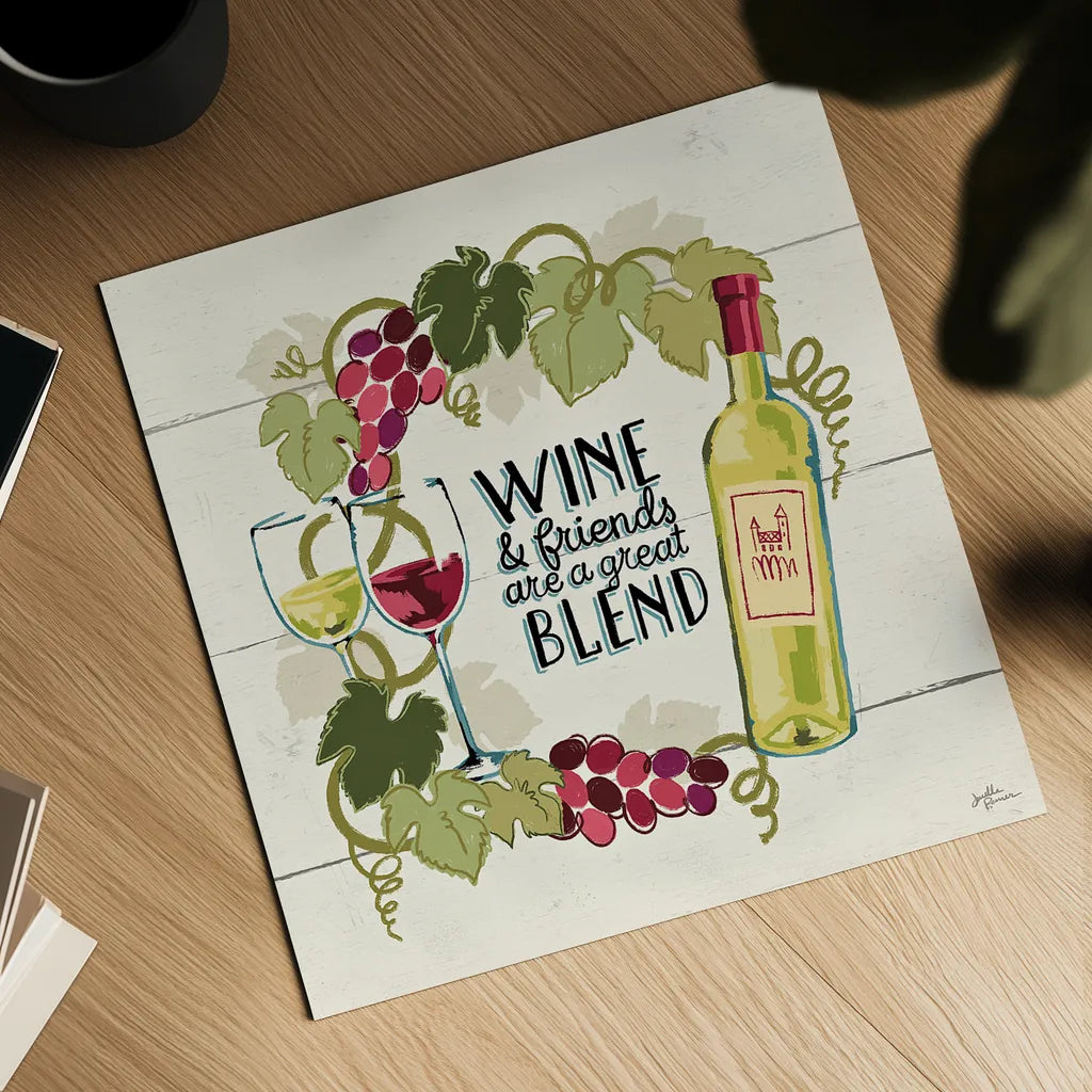 Wine and Friends V by Janelle Penner. Shown as a detailed flat fine art print, highlighting archival giclee quality. Available as an archival giclee rolled canvas, fine art paper, or poster print. SKU 33287a.