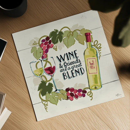 Wine and Friends V by Janelle Penner. Shown as a detailed flat fine art print, highlighting archival giclee quality. Available as an archival giclee rolled canvas, fine art paper, or poster print. SKU 33287a.