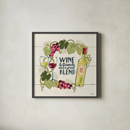 Wine and Friends V by Janelle Penner. Shown in a sleek black glass frame for a contemporary gallery look. Available as an archival giclee rolled canvas, fine art paper, or poster print. SKU 33287a.