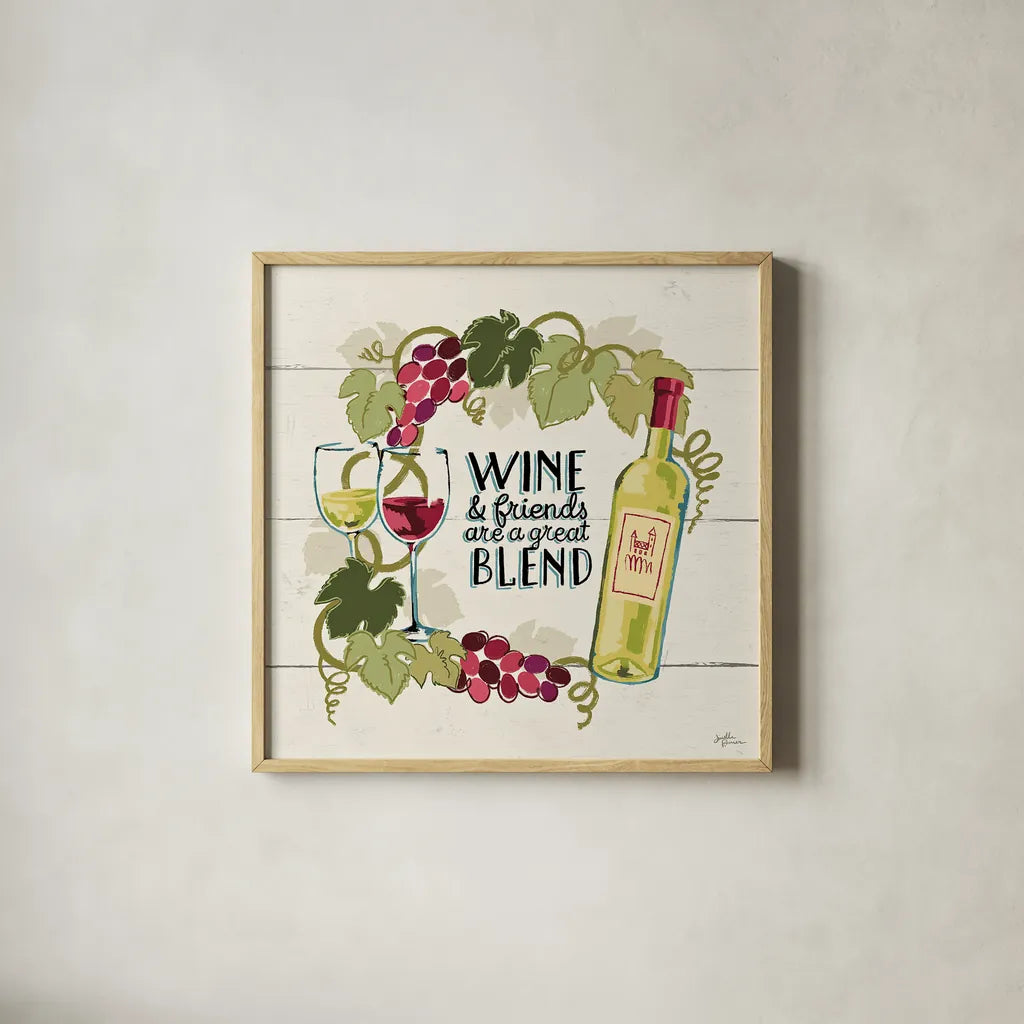 Wine and Friends V by Janelle Penner. Shown in a natural wood glass frame for a timeless modern aesthetic. Available as an archival giclee rolled canvas, fine art paper, or poster print. SKU 33287a.