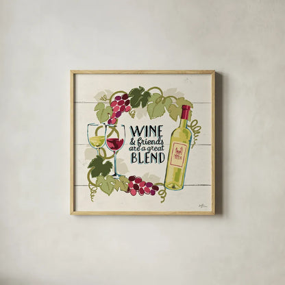 Wine and Friends V by Janelle Penner. Shown in a natural wood glass frame for a timeless modern aesthetic. Available as an archival giclee rolled canvas, fine art paper, or poster print. SKU 33287a.