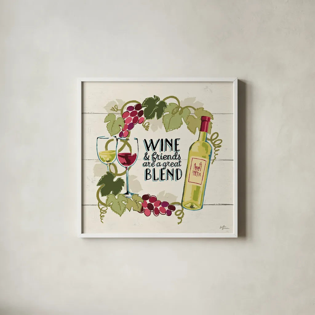 Wine and Friends V by Janelle Penner. Shown in a crisp white glass frame for a clean and minimalist style. Available as an archival giclee rolled canvas, fine art paper, or poster print. SKU 33287a.